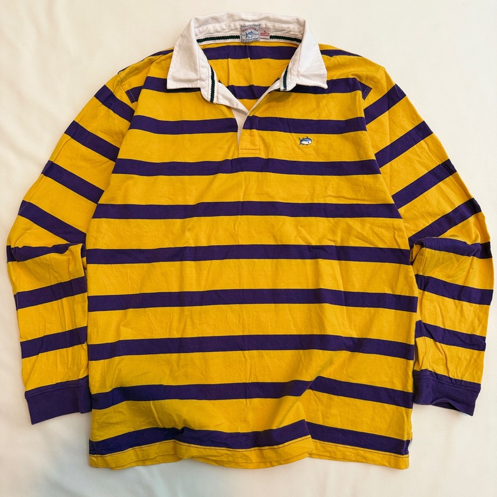Southern Tide Rugby Shirt Men XL Yellow Purple Striped Long Sleeve Polo